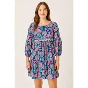 1009 Lilly Pulitzer Floral Mini Dress L Blue Pink 3/4 Sleeve Boho Shift Resort